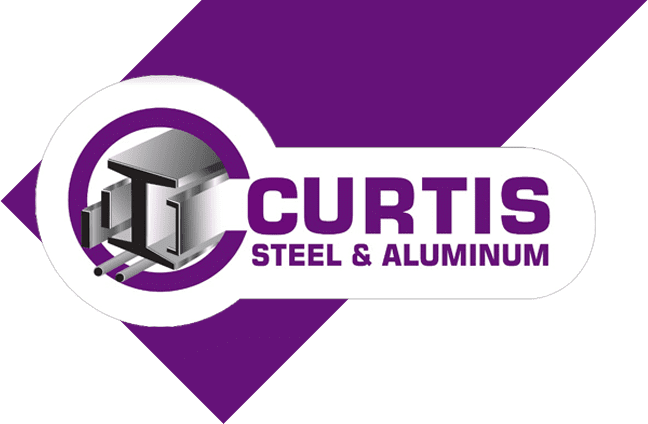 Logo of Curtis Steel & Aluminum, featuring a metallic, industrial graphic with the company's name in bold purple and grey text on a white and purple background.