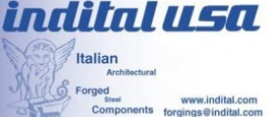 Logo for Indital USA, advertising Italian architectural forged steel components. Website: www.indital.com, email: forgings@indital.com. Contains image of a winged lion.