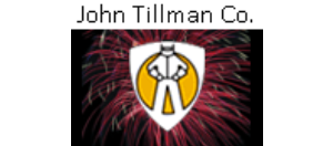 Logo for John Tillman Co. featuring a stylized figure with hands on hips inside a shield over a background of red fireworks.