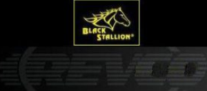 Logo of Black Stallion featuring a stylized horse head in yellow with text 