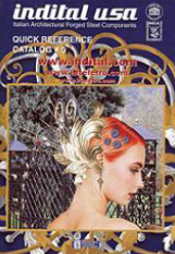 Cover of a catalog titled 'Indital USA', showcasing architectural forged steel components, with a profile of a woman with red hair and peacock feathers in the background.